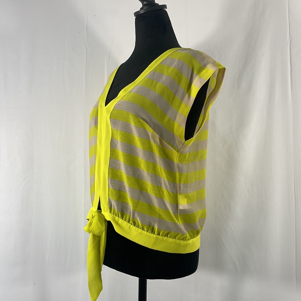 Bebe Neon Yellow & cream, V neck, tie waist band, Sheer, small - Picture 3 of 9